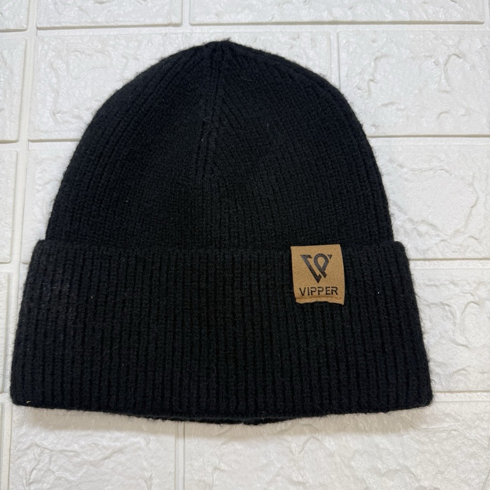 Vipper Beanie Black Mens Ribbed Knit Cuffed Winter Hat One Size